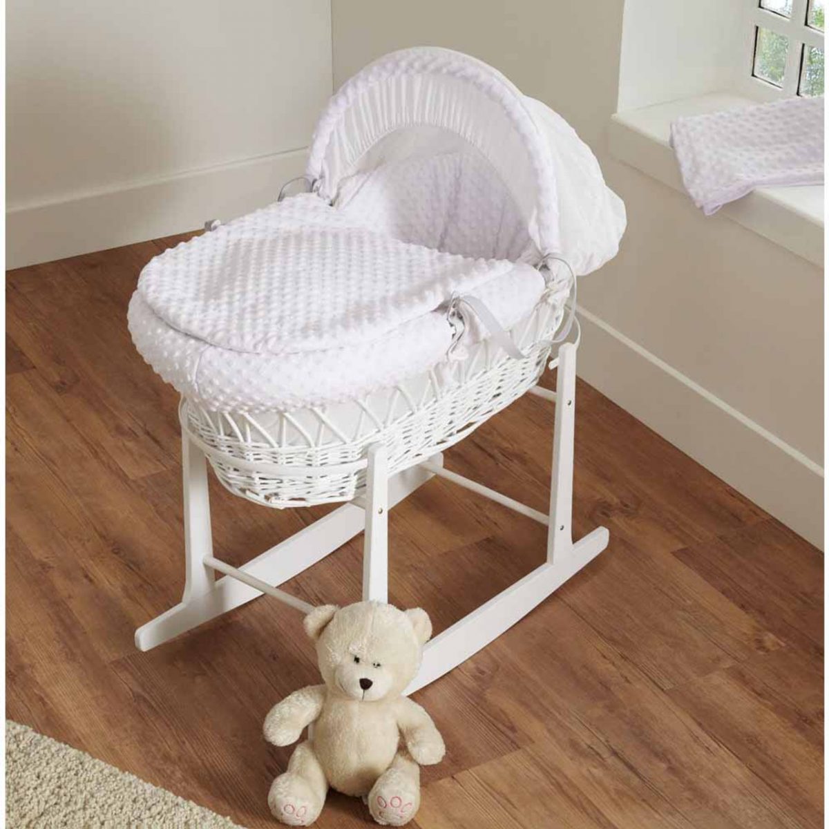 White Dimple Wicker Moses Basket & Rocking Stand Baby Lady